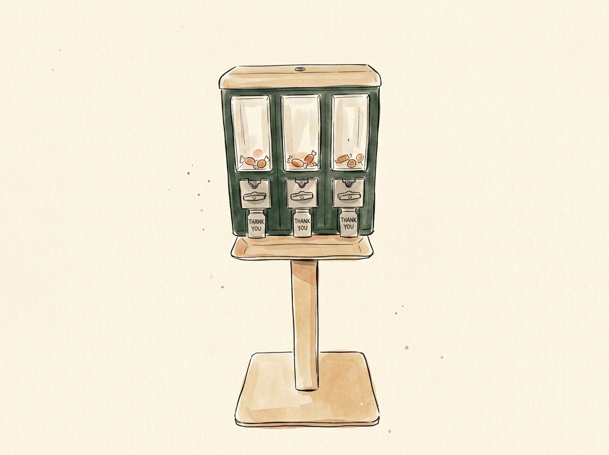 Hand-drawn illustration of a vintage triple-compartment candy vending machine for party rentals in Reno