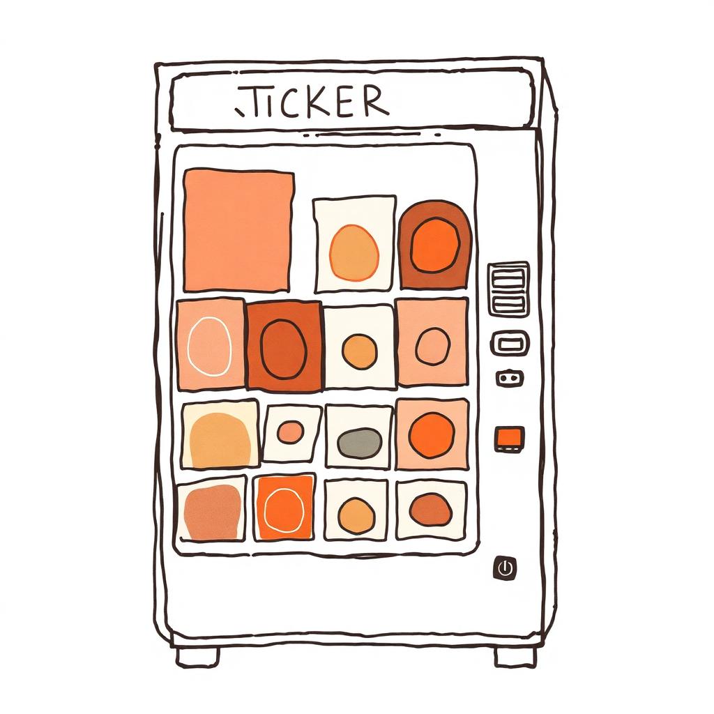 Illustrated grid-style sticker and art vending machine filled with collectible artist stickers